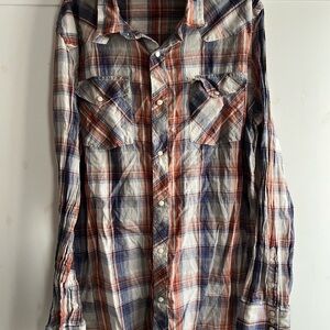 Urban Outfitters Salt Valley Western Mens Plaid Snap Shirt Western Orange Blue